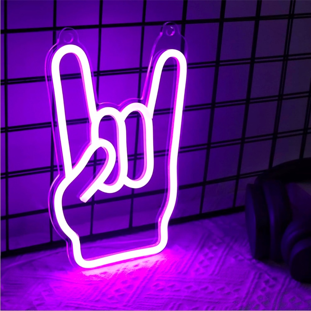 Retro Purple Rock On Hand Sign Gesture Rock N Roll 90s Party Festival LED Light